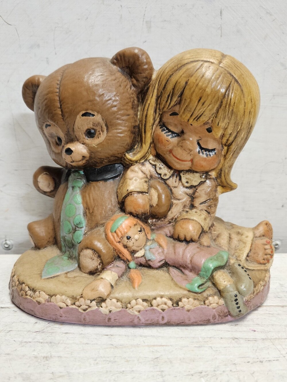Vintage 70s Ceramichrome Girl with Bear & Doll Ceramic Figure Decor California